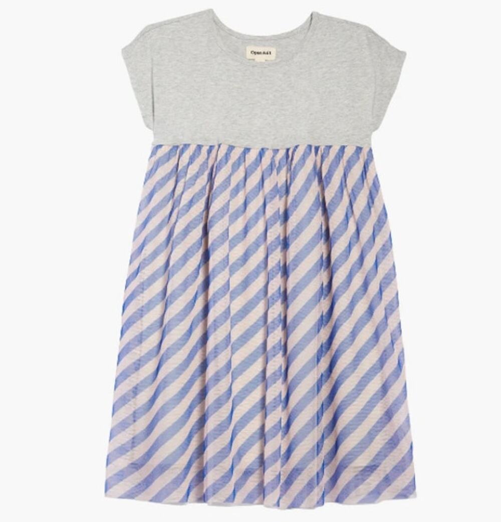 NEW! Open Edit Kids Mesh Overlay Dress in GRAY/ BLUE STRIPED (7)